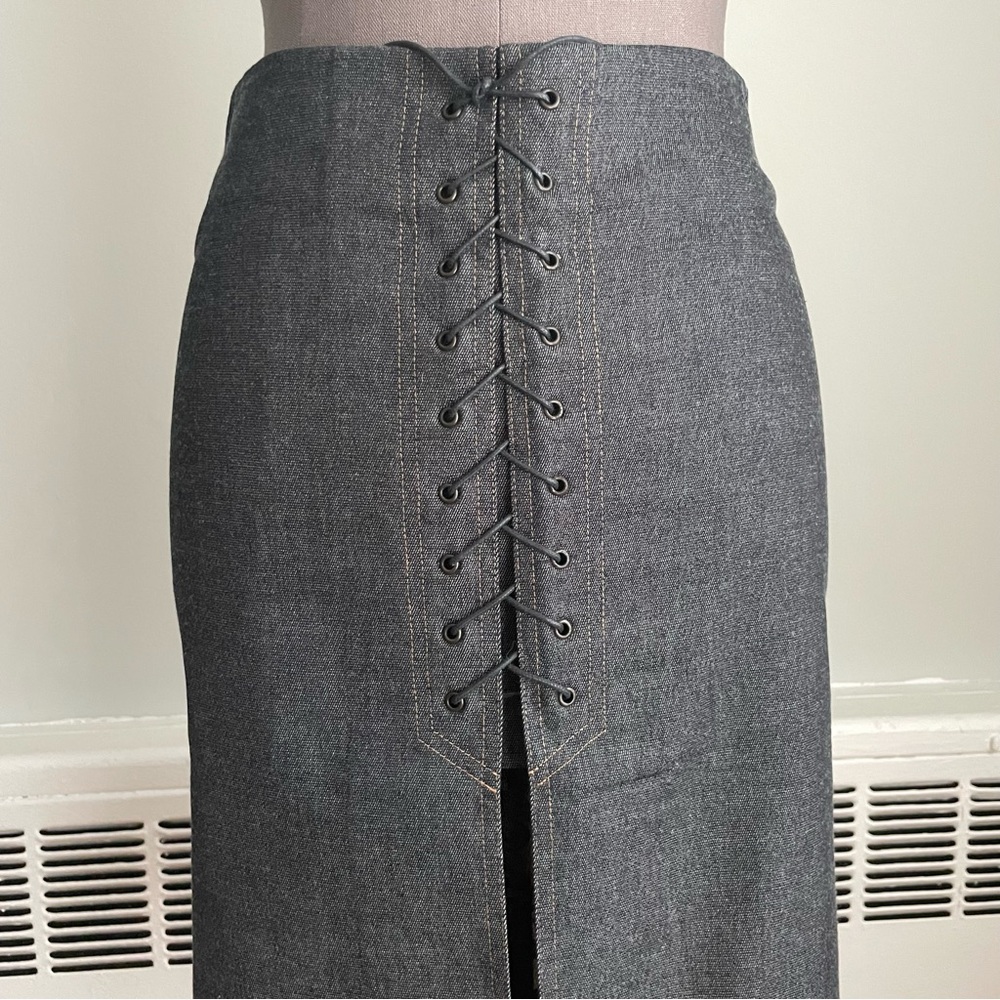 ๐ด Denim midi skirt with lace pleated front slit
